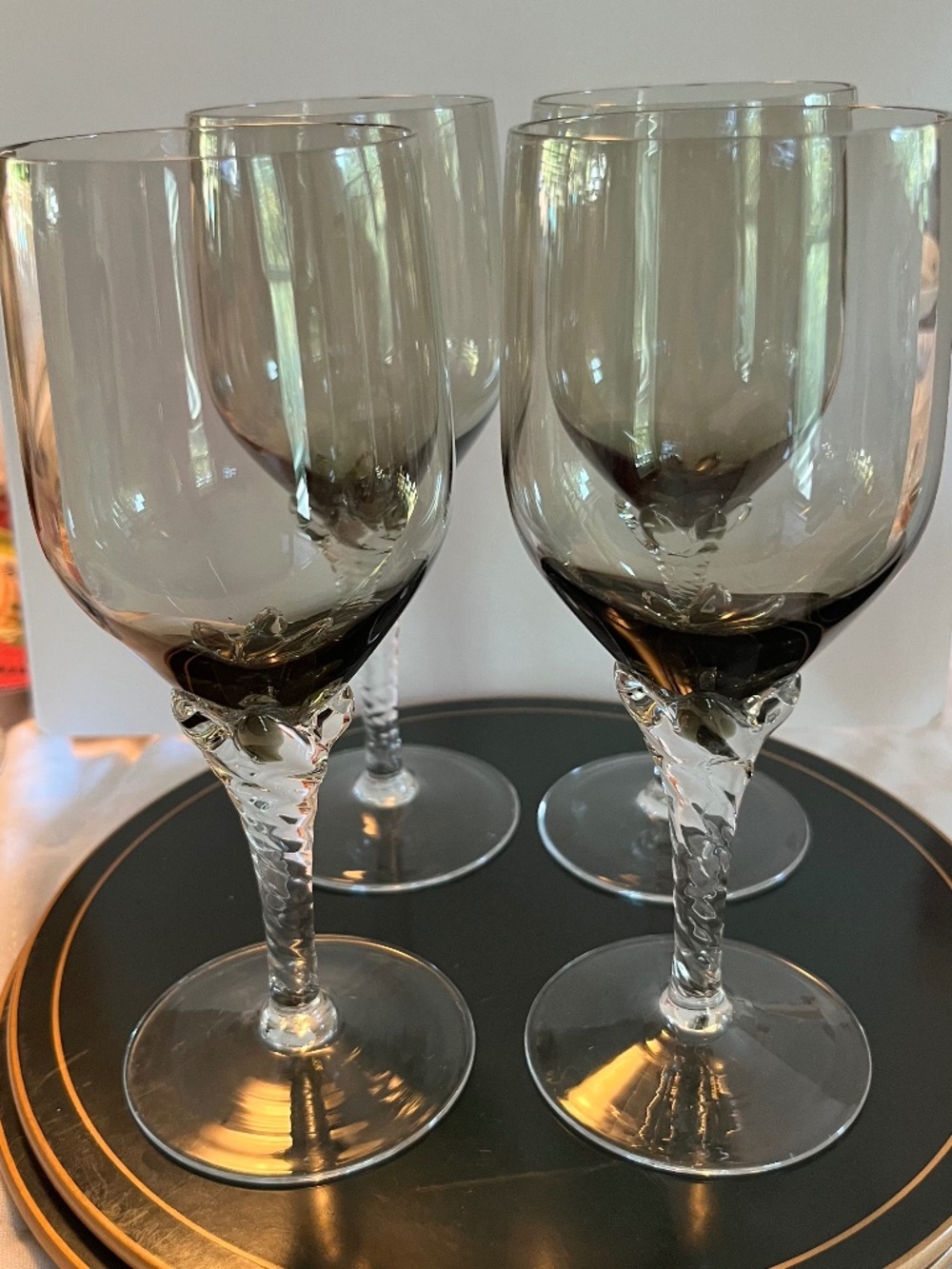 Vintage Smoked Grey Wine Goblets Set of 4 Clear Sculpted Stem Glasses